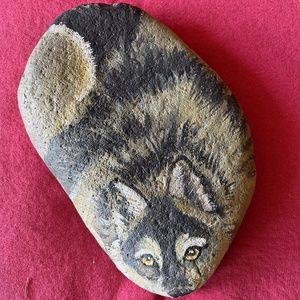 Hand Painted WOLF or COYOTE on Large Flat Rock Stone ~ Doorstop/Table Ornament